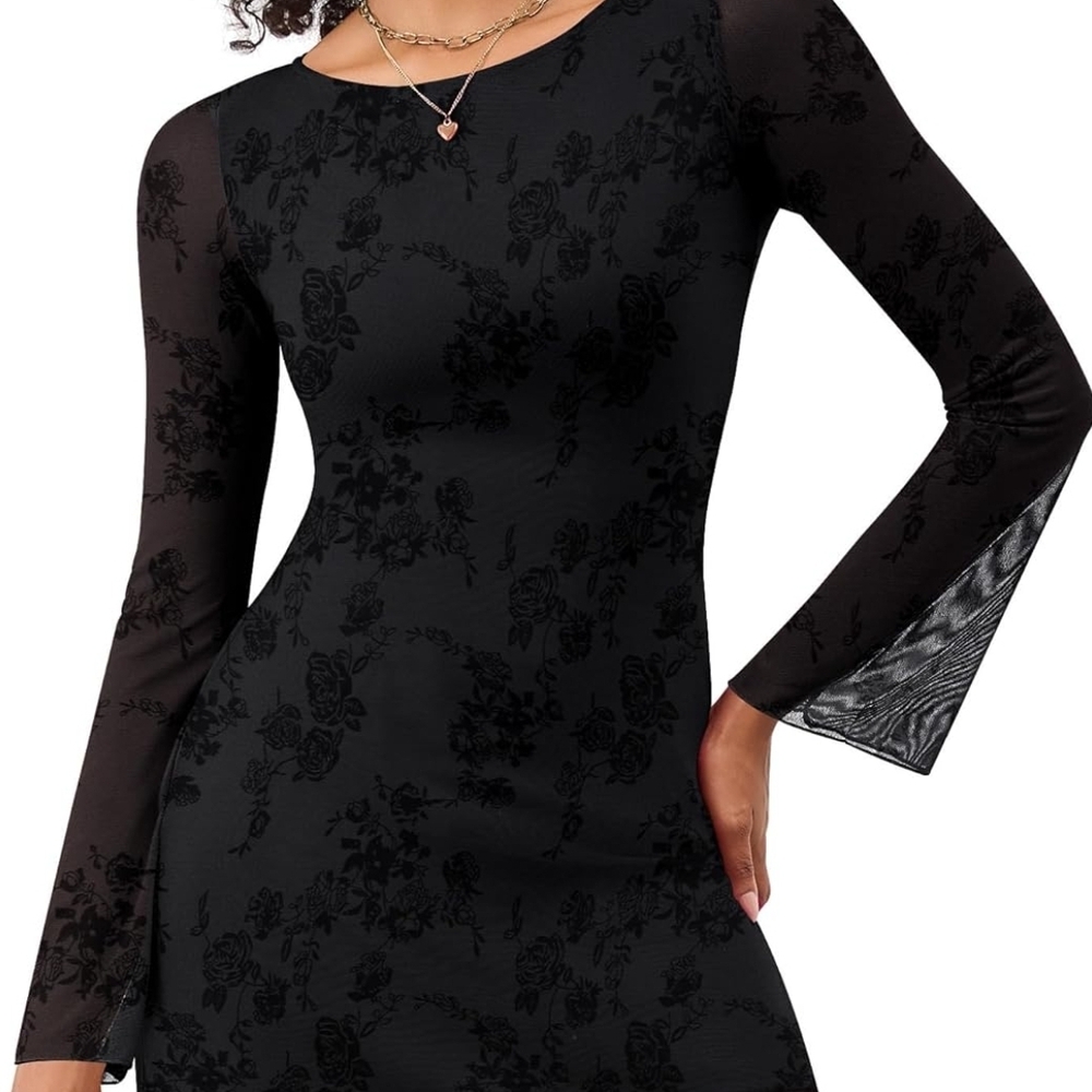Women’s Black Long Sleeve Floral Velvet Dress